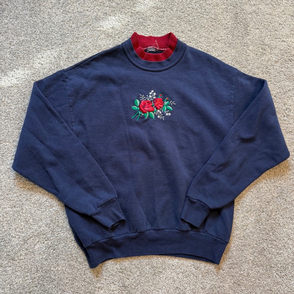 Vintage Navy Blue Rose Embroidered Double Collar Sweatshirt Pullover